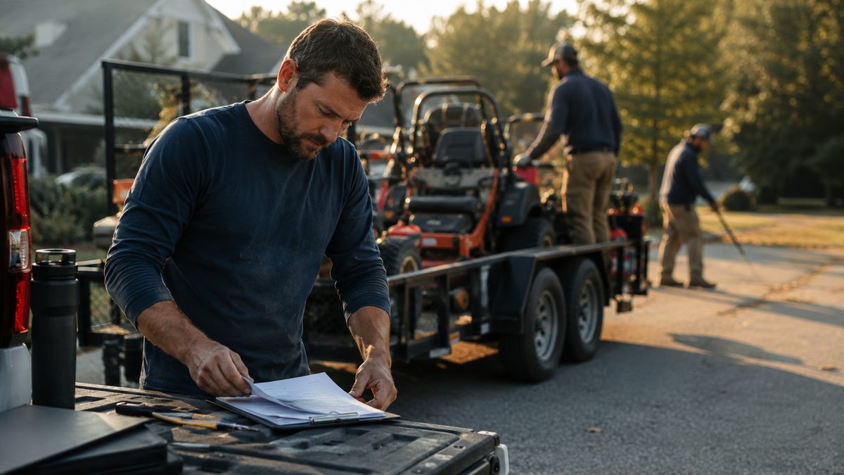 Landscaping business owner dealing with MCA debt beside work equipment