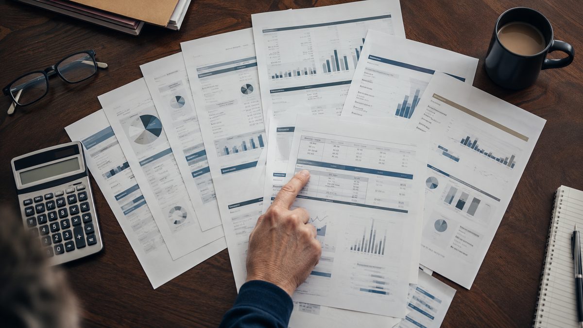 Business owner with multiple stacked MCA statements spread on a desk